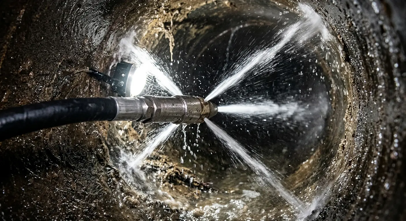 High-pressure hydro jetting nozzle cleaning sewer pipe for Emergency Drain Service in Pine Hill