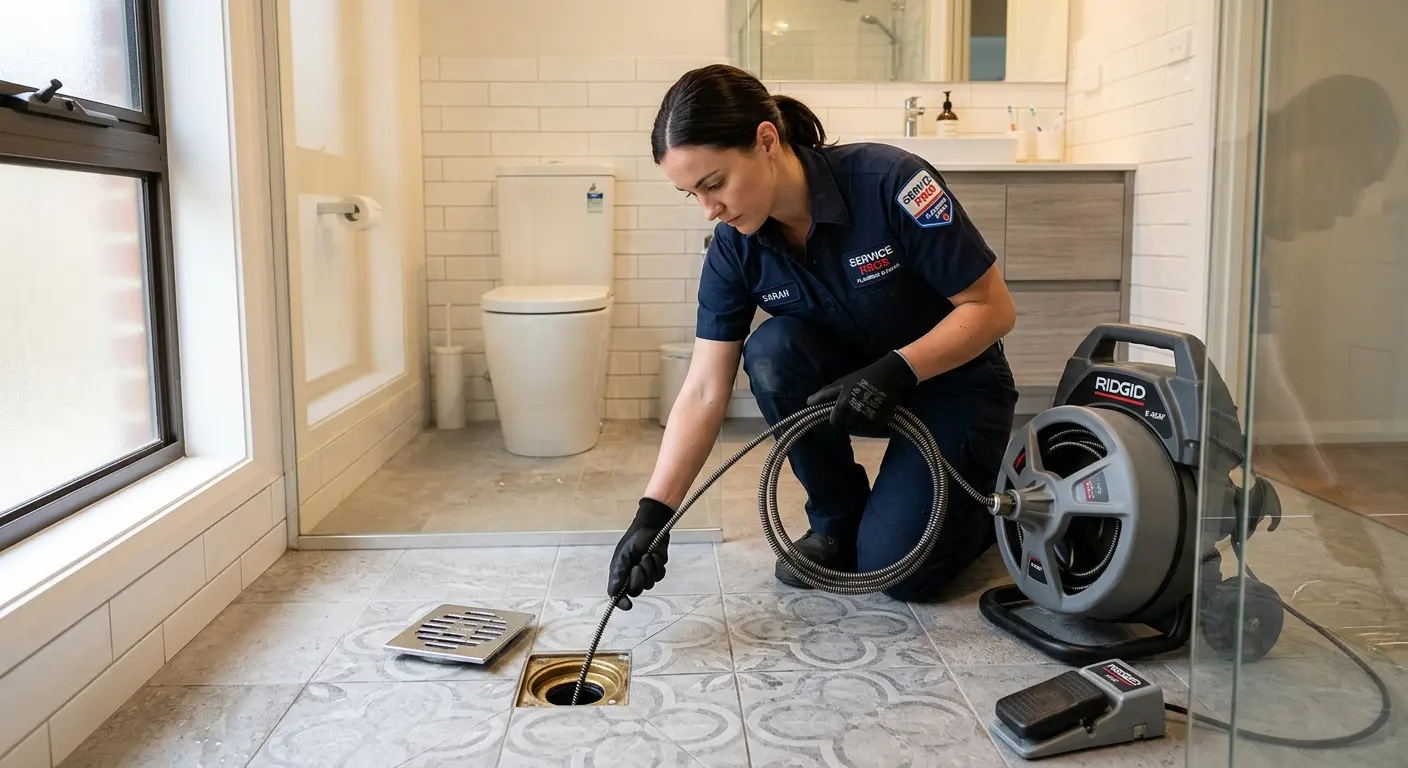Technician clearing a bathroom floor drain for Sewer Line Replacement in Pine Hill